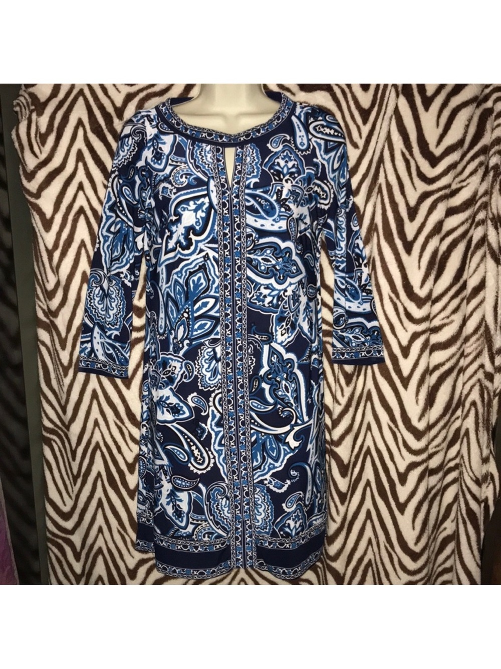 INC international Concepts PS Blue Paisley Shift Dress with Keyhole Neckline